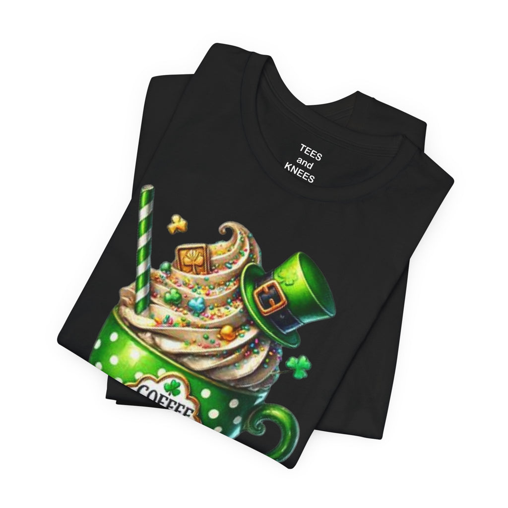 Coffee First green polka dot mug T-Shirt | St. Patrick's Day leprechaun hat design