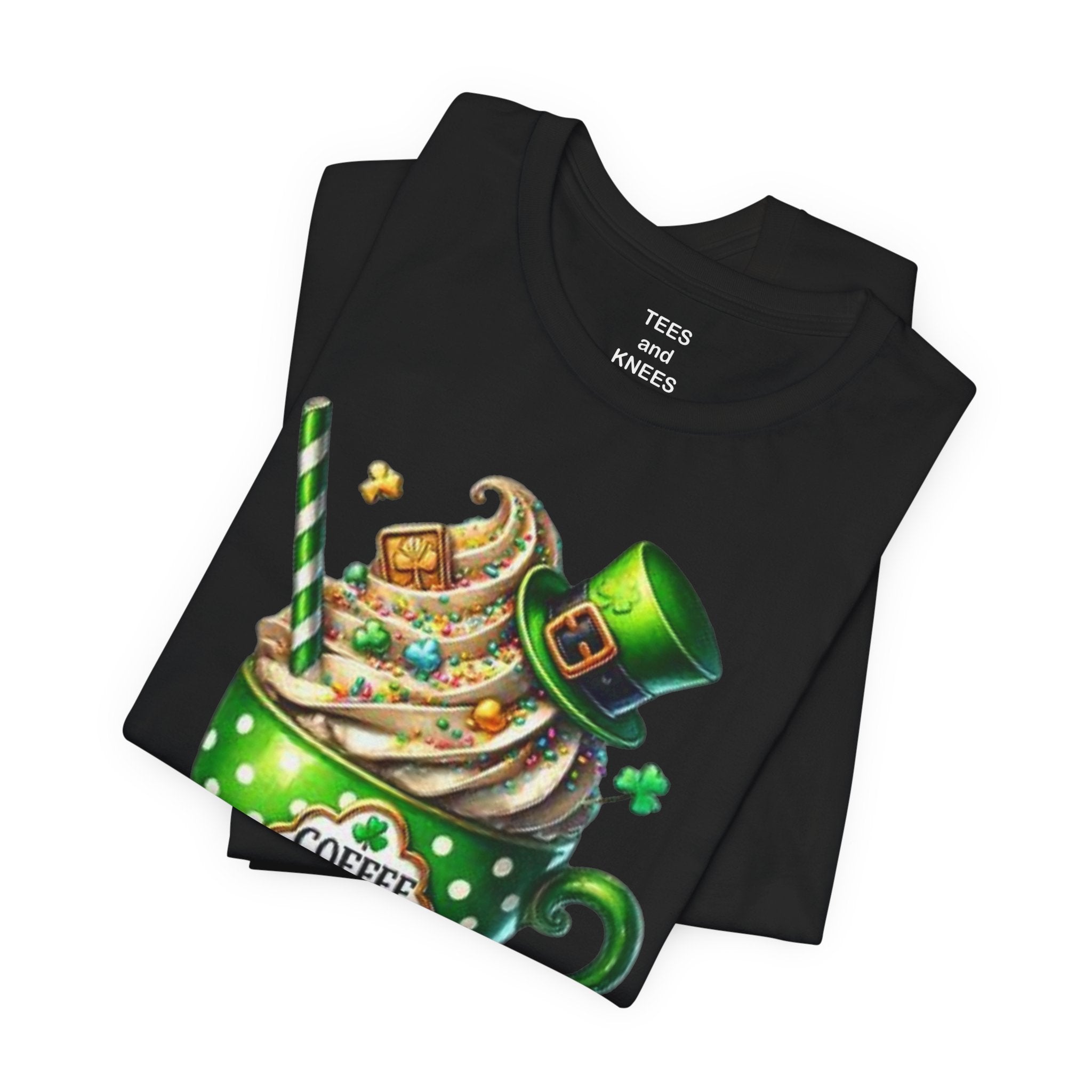 Coffee First green polka dot mug T-Shirt | St. Patrick's Day leprechaun hat design