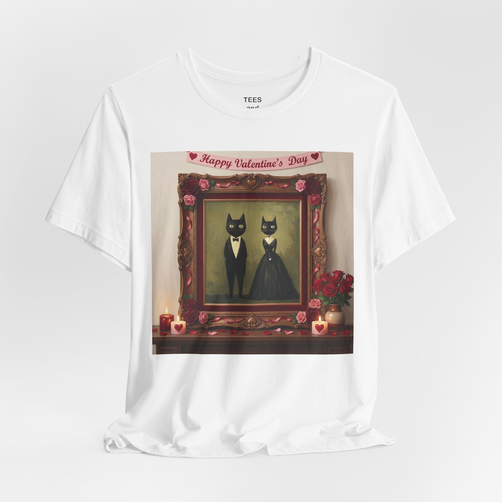 Valentine's Day Cat Couple T-Shirt | Black Cats in Frame Romantic Vintage Art Tee