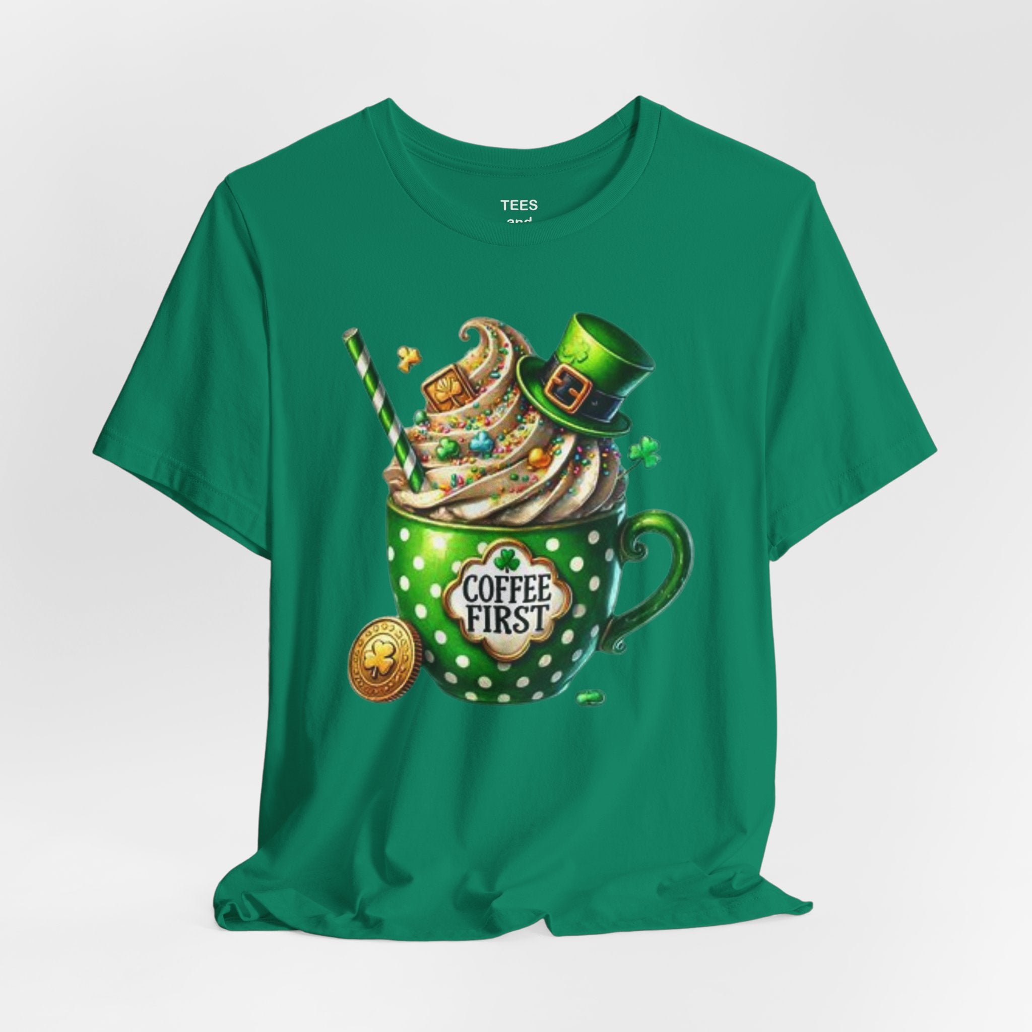 Coffee First green polka dot mug T-Shirt | St. Patrick's Day leprechaun hat design