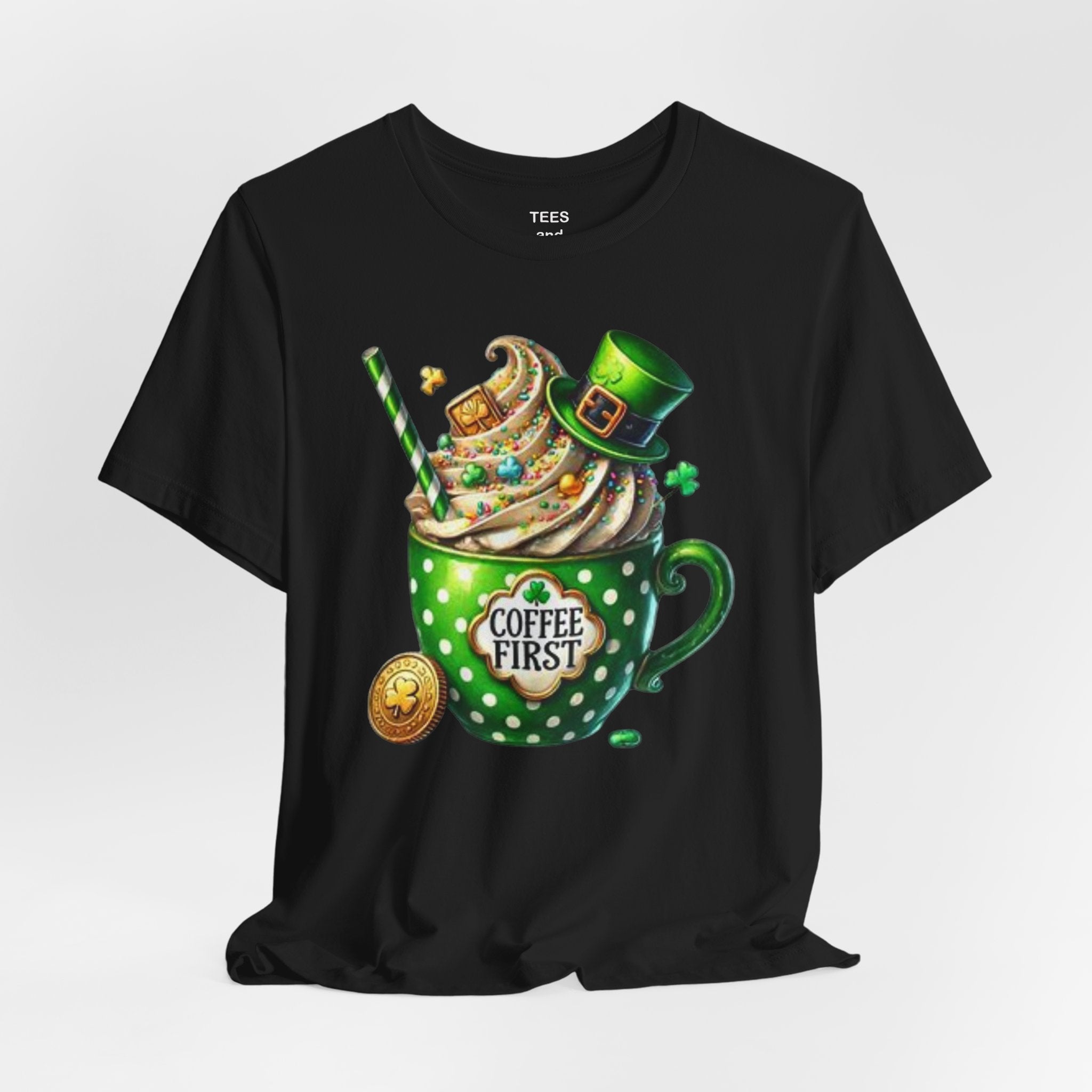 Coffee First green polka dot mug T-Shirt | St. Patrick's Day leprechaun hat design