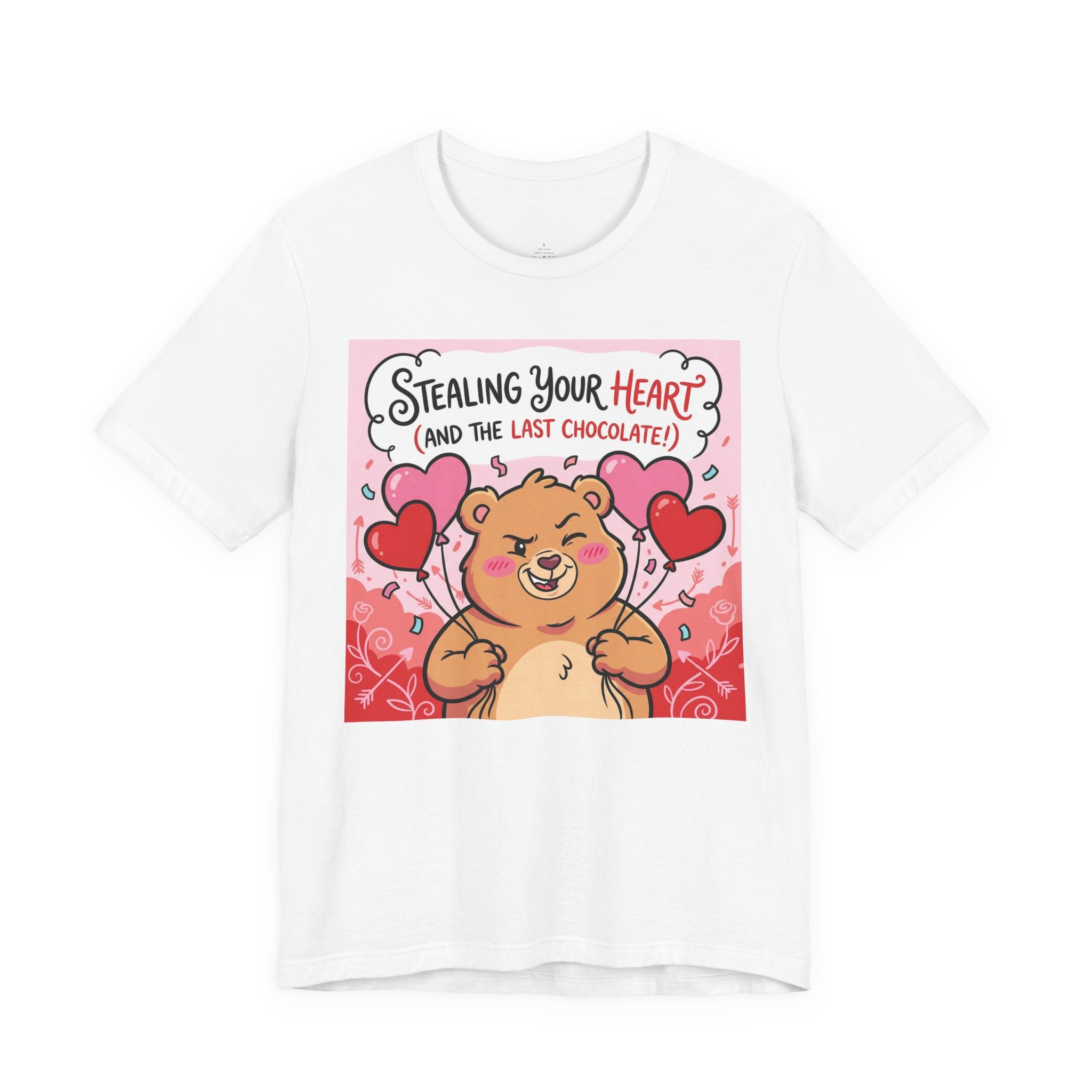 Valentine Bear Tee — "Stealing Your Heart (And The Last Chocolate)" Cute Graphic T-Shirt