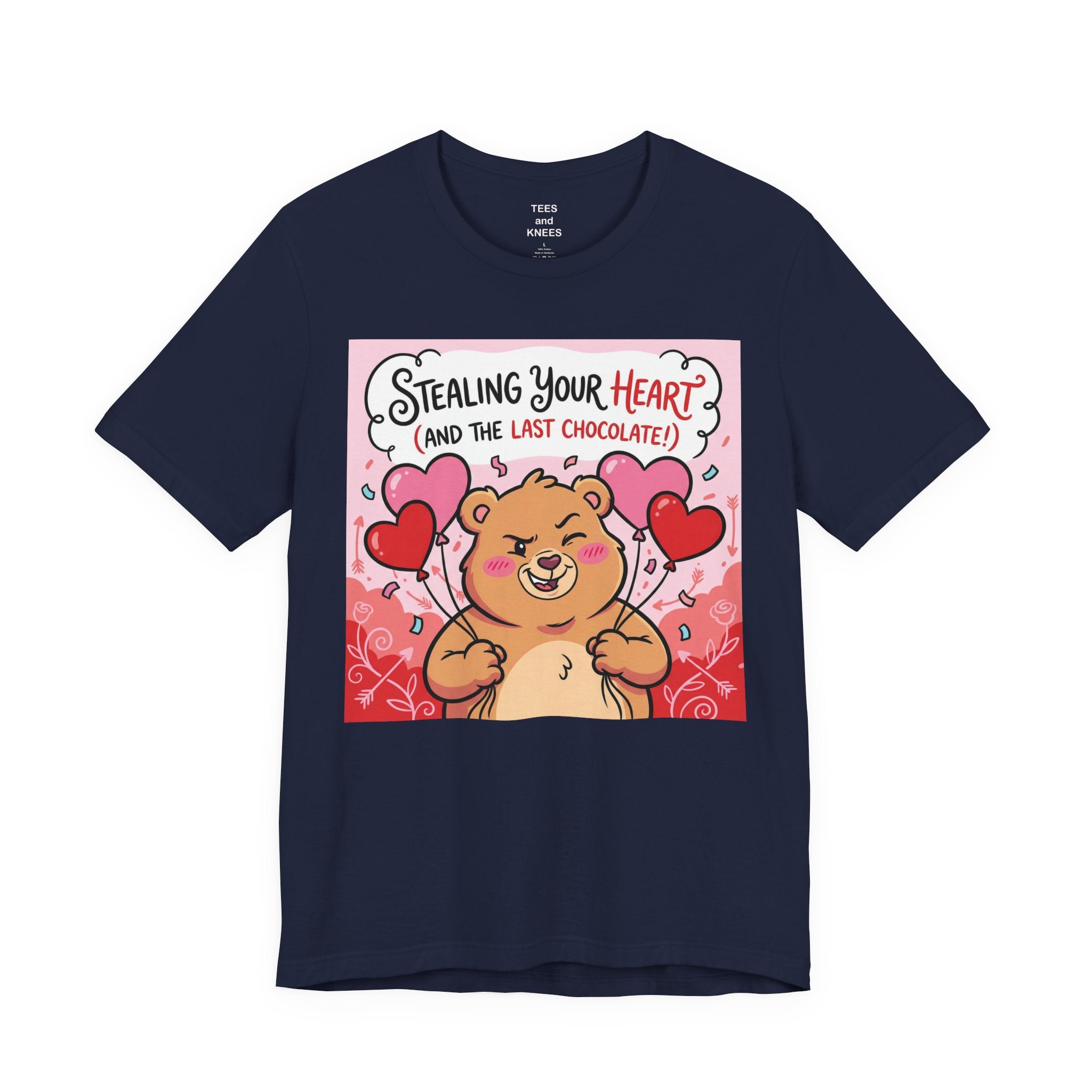 Valentine Bear Tee — "Stealing Your Heart (And The Last Chocolate)" Cute Graphic T-Shirt