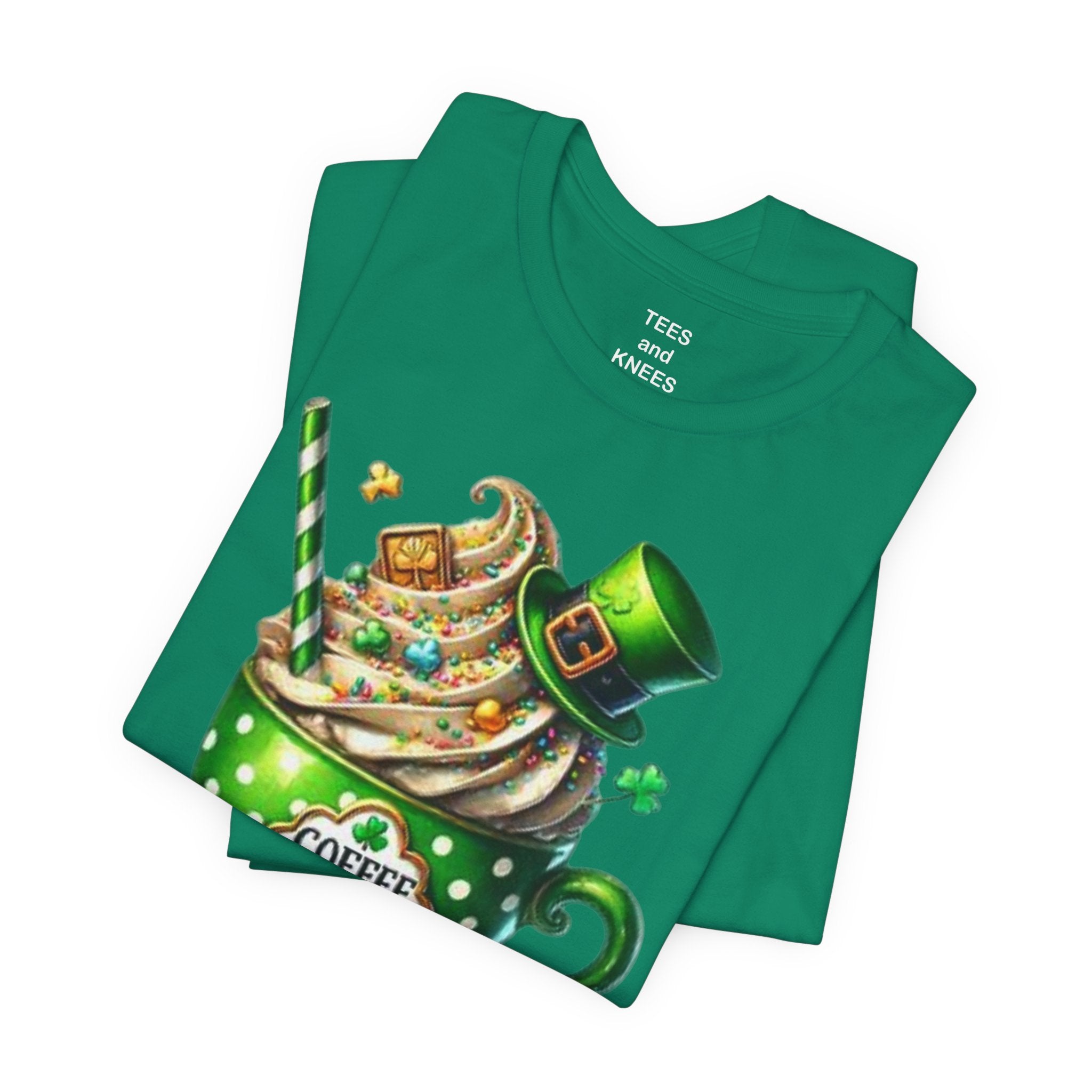 Coffee First green polka dot mug T-Shirt | St. Patrick's Day leprechaun hat design