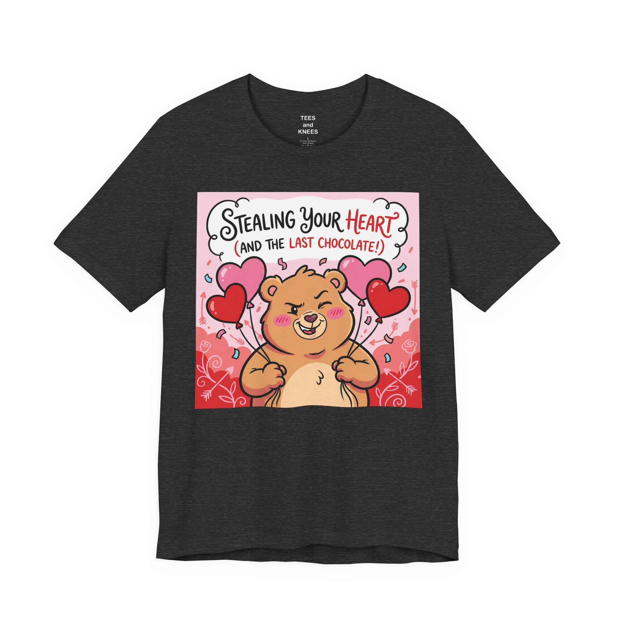 Valentine Bear Tee — "Stealing Your Heart (And The Last Chocolate)" Cute Graphic T-Shirt
