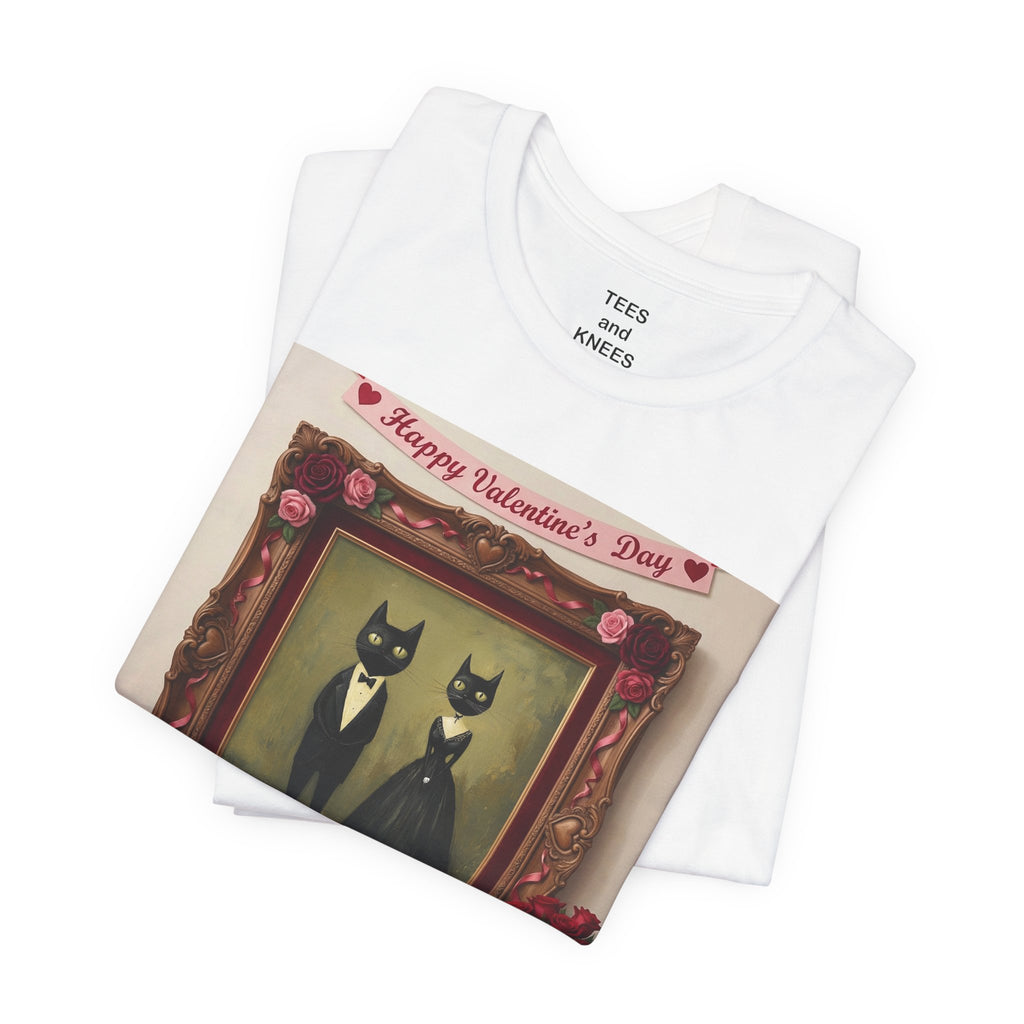 Valentine's Day Cat Couple T-Shirt | Black Cats in Frame Romantic Vintage Art Tee
