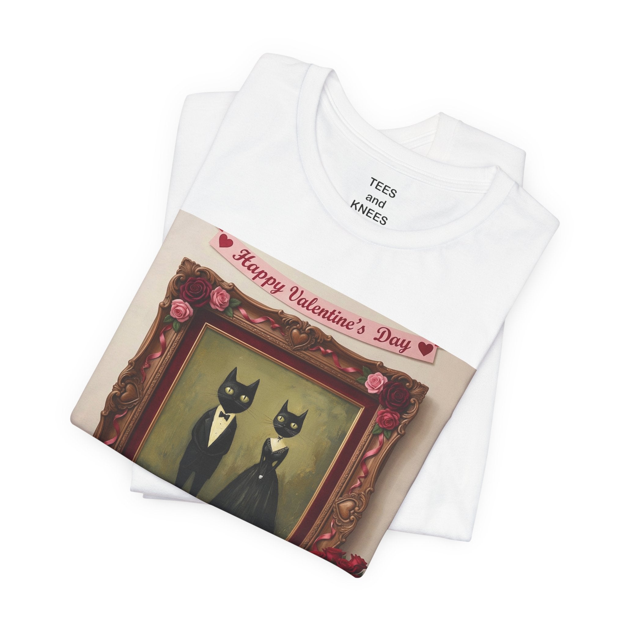 Valentine's Day Cat Couple T-Shirt | Black Cats in Frame Romantic Vintage Art Tee