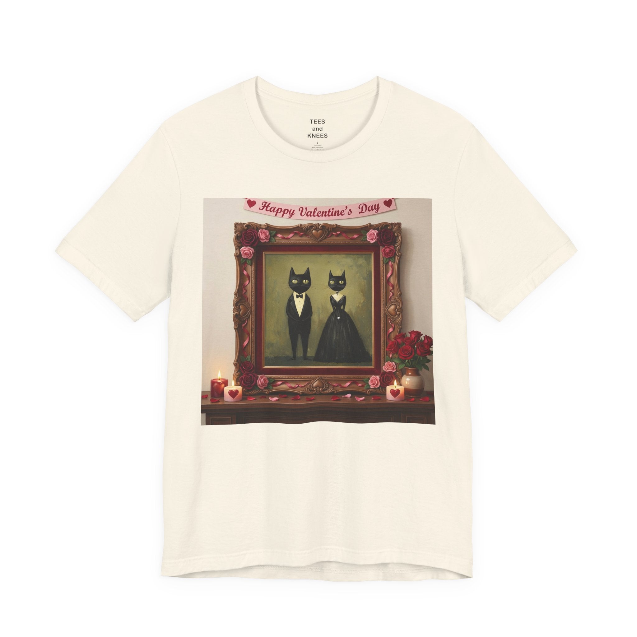 Valentine's Day Cat Couple T-Shirt | Black Cats in Frame Romantic Vintage Art Tee