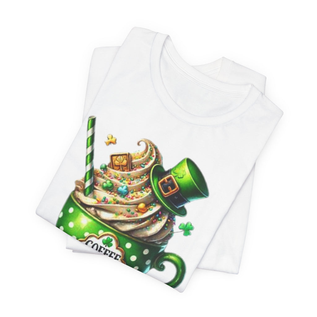 Coffee First green polka dot mug T-Shirt | St. Patrick's Day leprechaun hat design
