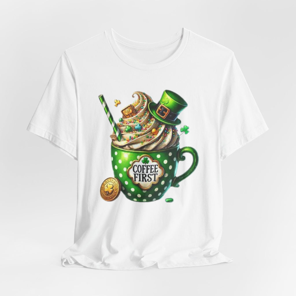 Coffee First green polka dot mug T-Shirt | St. Patrick's Day leprechaun hat design