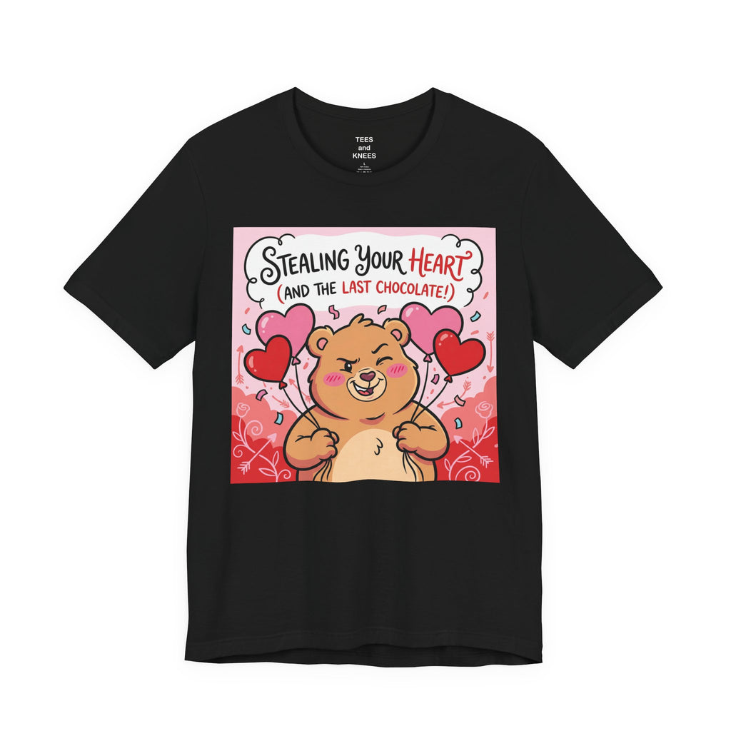 Valentine Bear Tee — "Stealing Your Heart (And The Last Chocolate)" Cute Graphic T-Shirt