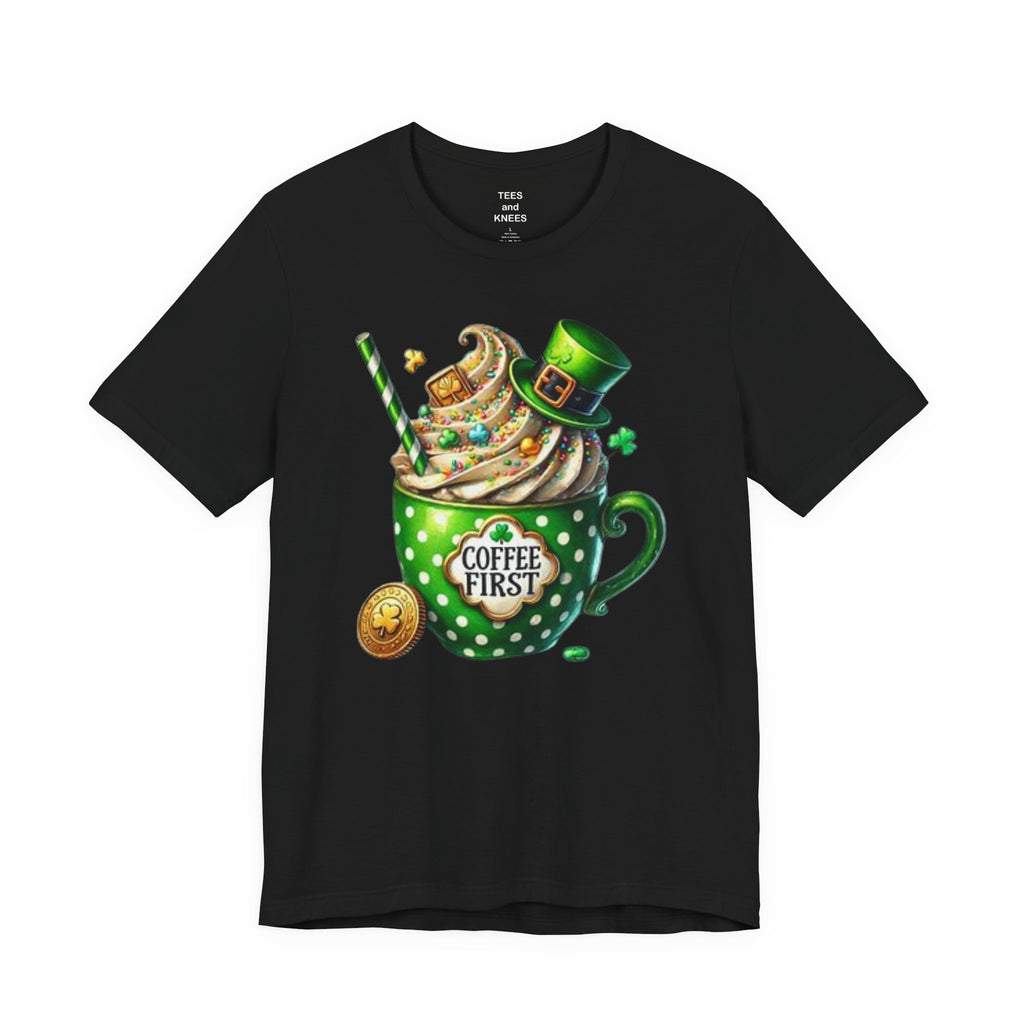 Coffee First green polka dot mug T-Shirt | St. Patrick's Day leprechaun hat design