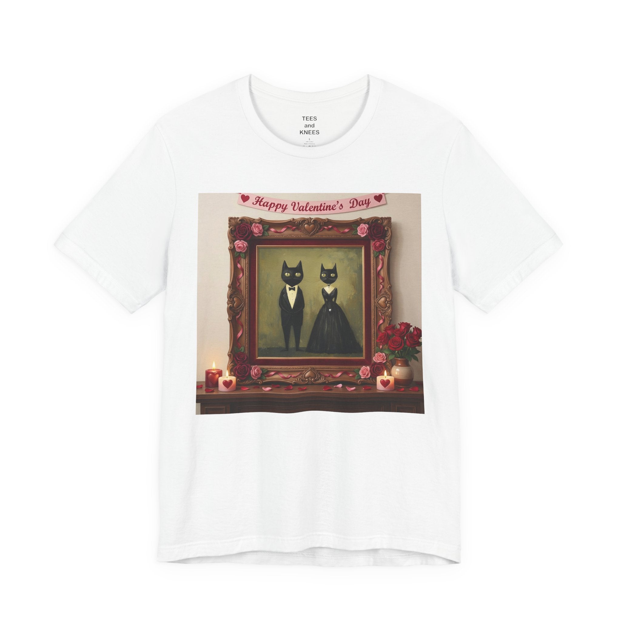 Valentine's Day Cat Couple T-Shirt | Black Cats in Frame Romantic Vintage Art Tee