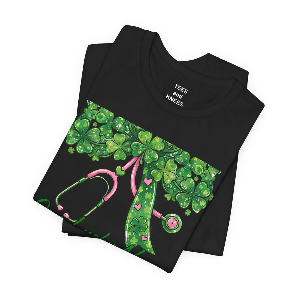 Lucky Clover Script T-Shirt | Green Shamrock Checkerboard St. Patrick's Tee