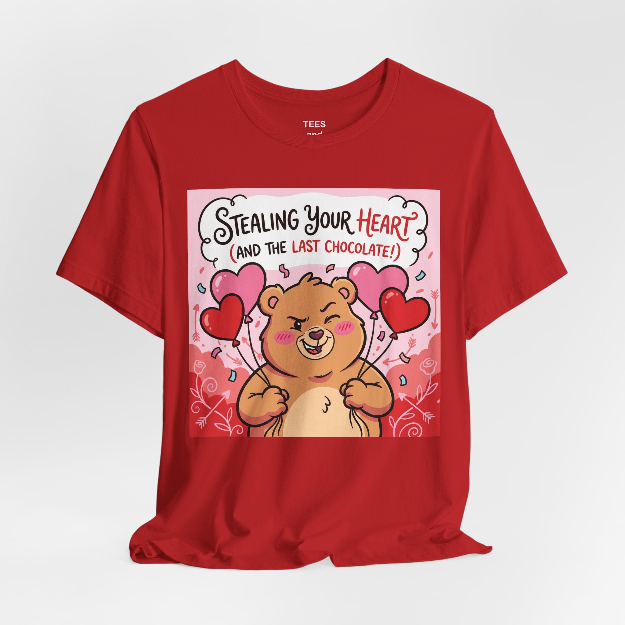 Valentine Bear Tee — "Stealing Your Heart (And The Last Chocolate)" Cute Graphic T-Shirt