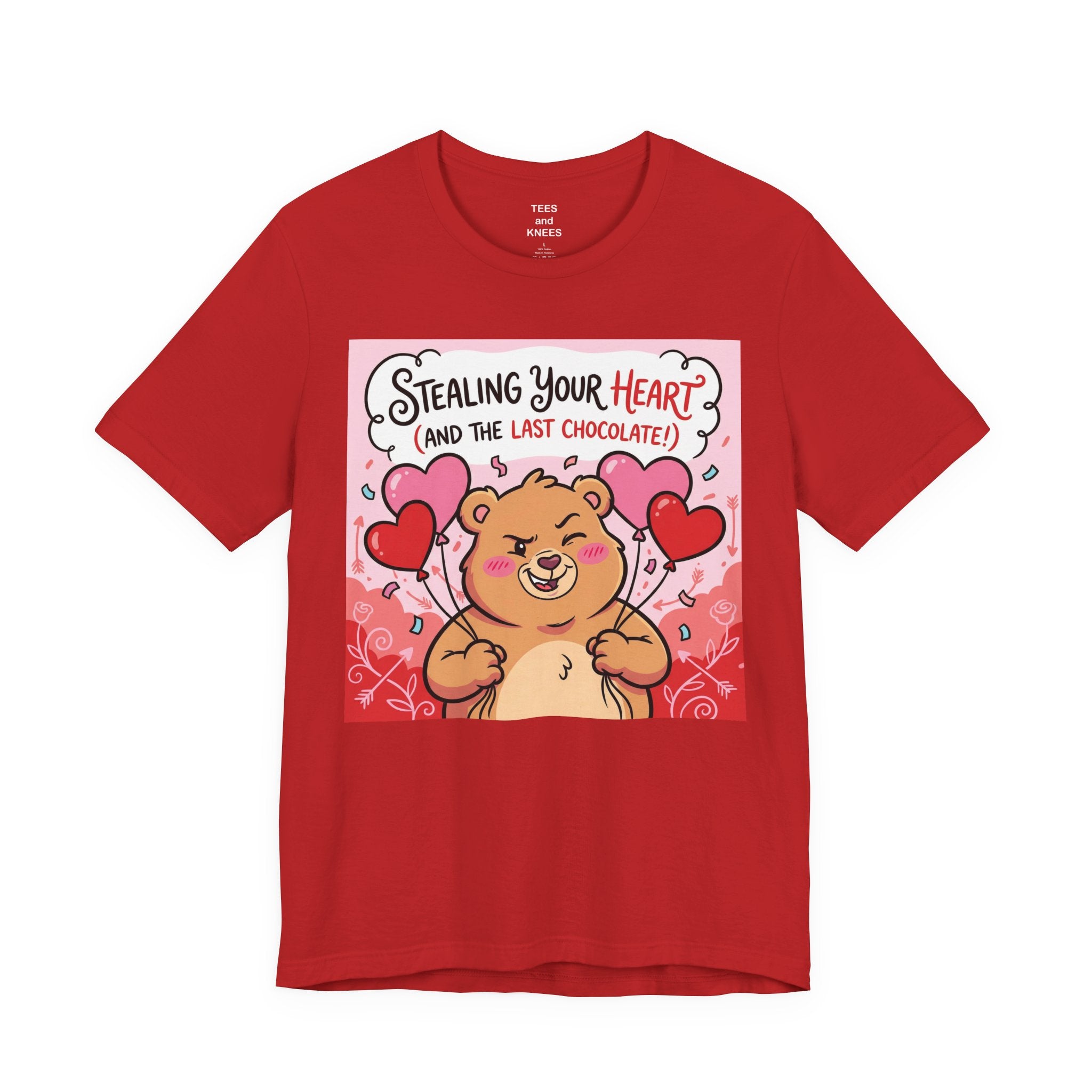 Valentine Bear Tee — "Stealing Your Heart (And The Last Chocolate)" Cute Graphic T-Shirt
