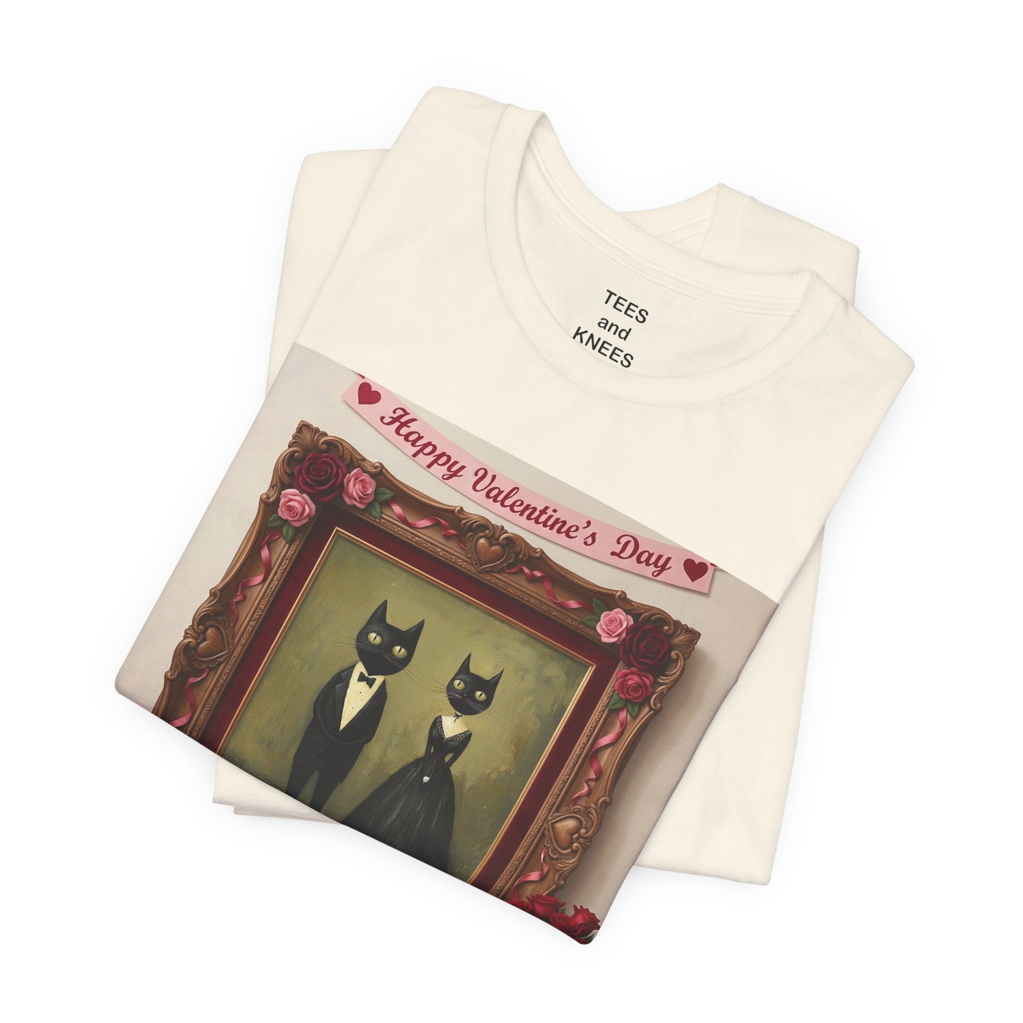 Valentine's Day Cat Couple T-Shirt | Black Cats in Frame Romantic Vintage Art Tee